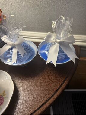 Blue Decorative Candle Bowls with White Ribbon -  $10 ea